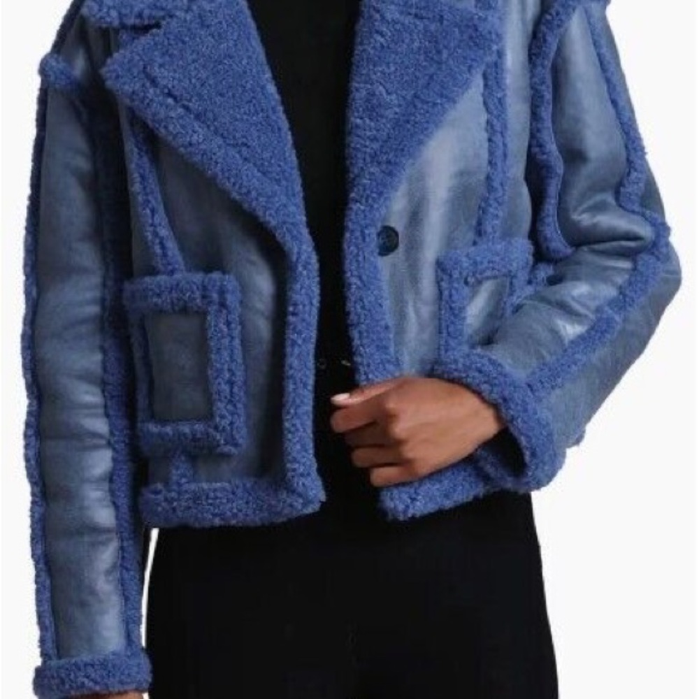 7 For All Mankind Stella Cerulean Blue Vegan Leather Faux Sherpa Cropped